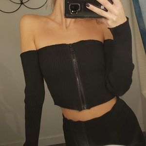 Dolls Kill black off shoulder zipper crop top